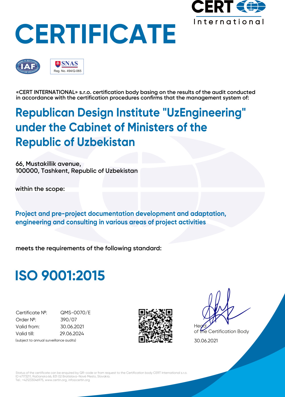 Certificate ISO 9001: 2015.